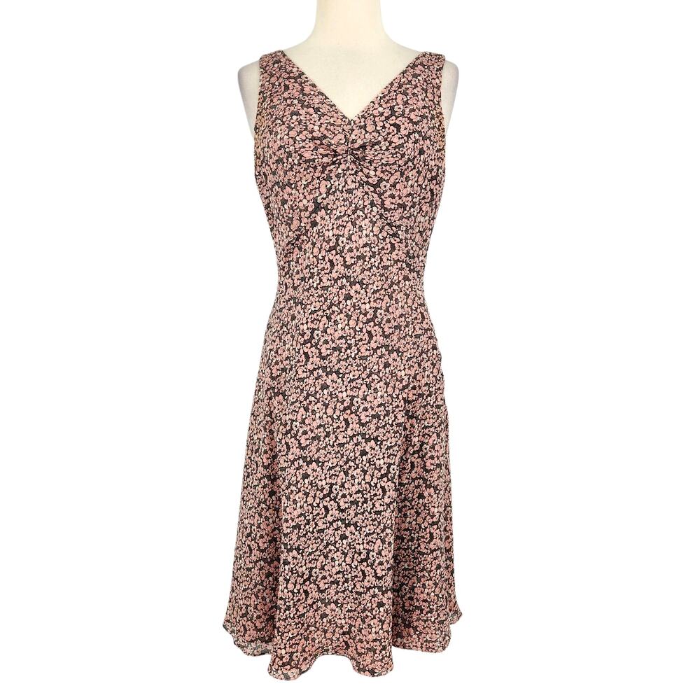 Vintage 90s Y2K Loft 100% Silk Pastel Pink Floral A-Line Midi Dress Size 6